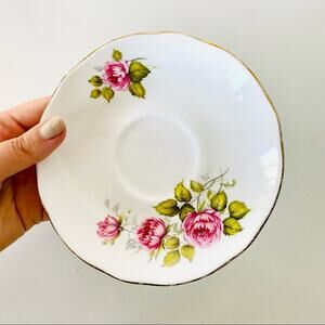 VINTAGE White Gold Pink Floral Duchess Bone China Saucer England Edithe 401